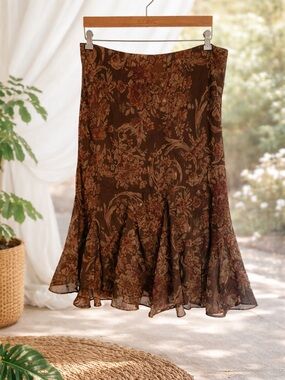Vintage Ralph Lauren Brown Floral A-Line Midi Skirt